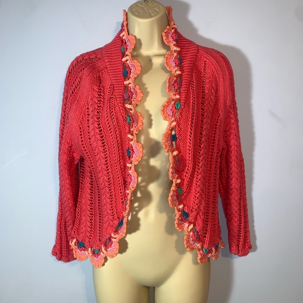 Relativity pink Crochet knit Cardigan with Colorful pink blue scalloped Trim PL